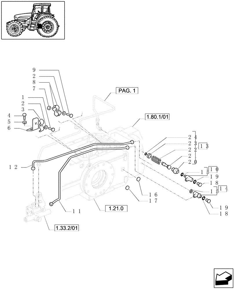 Схема запчастей Case IH JX1070U - (1.80.6/01[02]) - (VAR.007) NA ONLY - POWER TAKEOFF - PIPES, UNIONS & VALVE (07) - HYDRAULIC SYSTEM