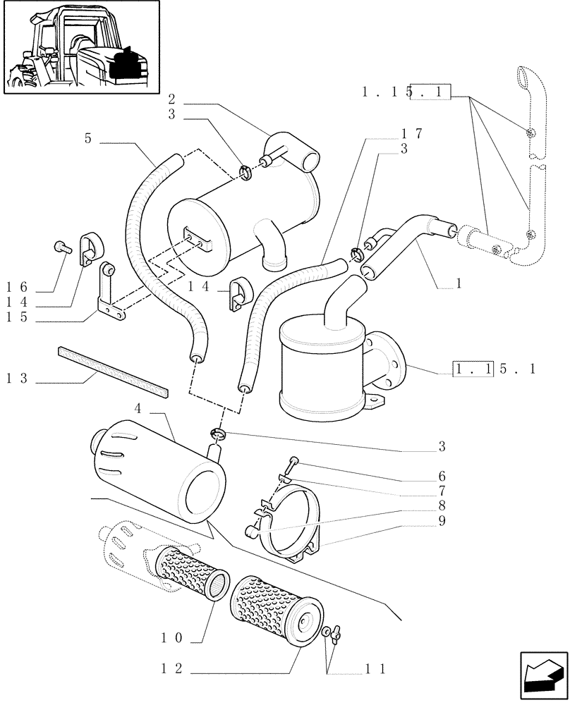 Схема запчастей Case IH JX100U - (1.15.1/01[01]) - (VAR.199) SELF-CLEANING FILTER (WITH CAB) (02) - ENGINE EQUIPMENT