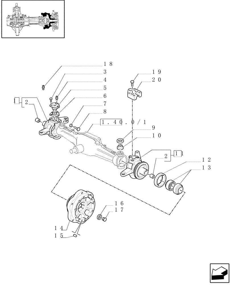 Схема запчастей Case IH JX80U - (1.40.0/24[01]) - (VAR.327/1) ELECTROHYD. FRONT DIFFENTIAL LOCK, BRAKES AND MUDGUARDS - STEERING PIVOT PIN (04) - FRONT AXLE & STEERING