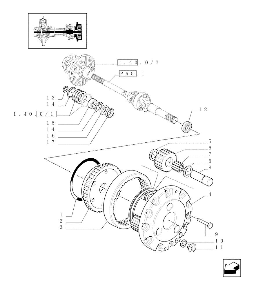 Схема запчастей Case IH JX70U - (1.40.0/10[02]) - FRONT AXLE - DIFFERENTIAL GEARS AND SHAFT - 4WD - EPICYCLIC REDUCTION GEAR (04) - FRONT AXLE & STEERING