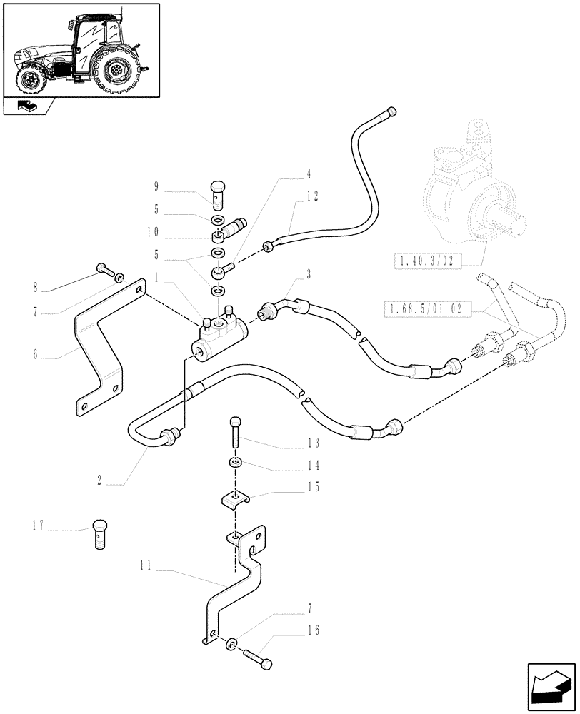 Схема запчастей Case IH FARMALL 75N - (1.68.5/01[01]) - 4WD FRONT AXLE WITH BRAKES - PIPES (VAR.336329) (05) - REAR AXLE