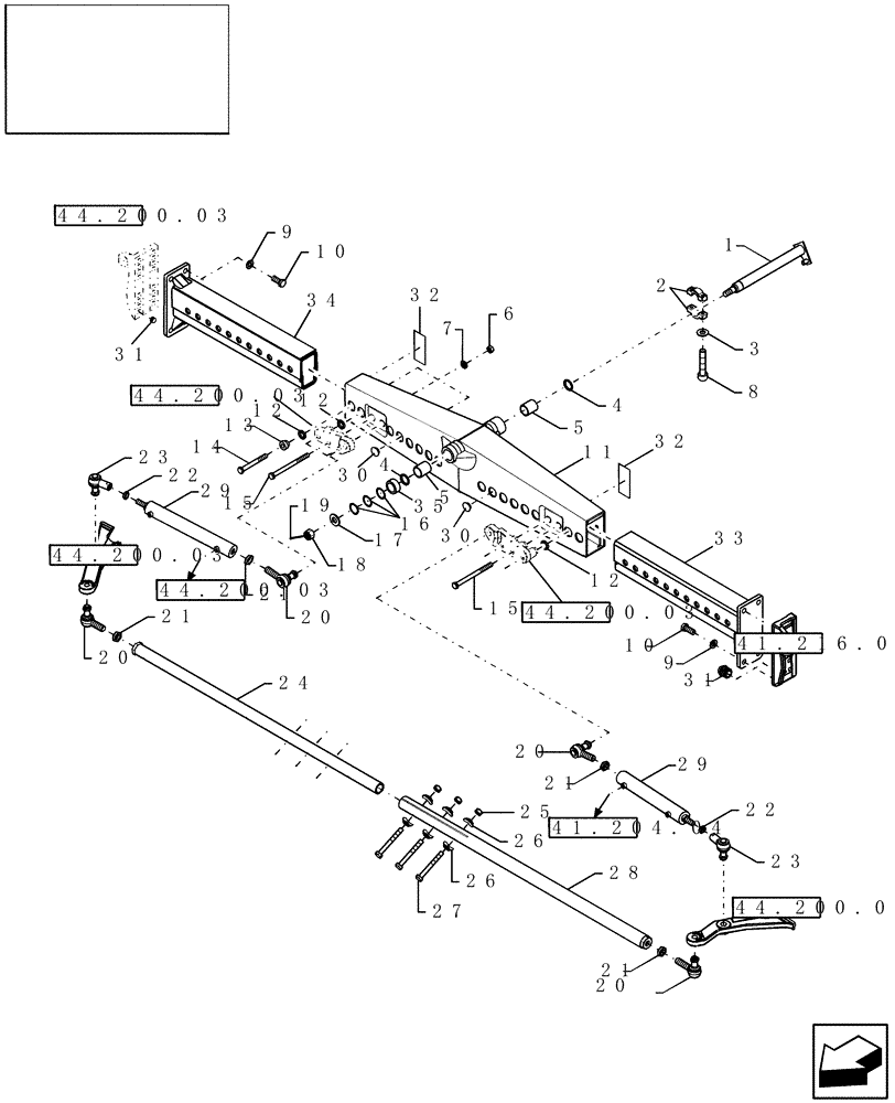 Схема запчастей Case IH 7120 - (44.151.06) - CENTRAL STEERING BRIDGE, POWERED & HEAVY DUTY, W/EXTENSIONS (44) - WHEELS