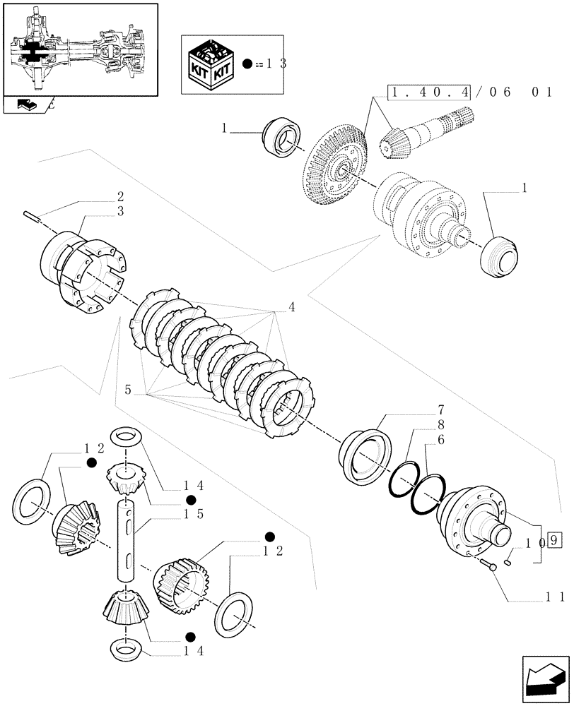 Схема запчастей Case IH PUMA 140 - (1.40.4/07[01]) - (CL.4) FRONT AXLE W/MULTI-PLATE DIFF. LOCK AND STEERING SENSOR - DIFFERENTIAL (VAR.330408) (04) - FRONT AXLE & STEERING