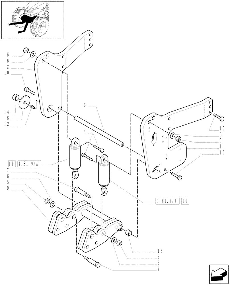 Схема запчастей Case IH MAXXUM 140 - (1.81.9[01]) - NOT INTEGRATED FRONT HPL WITH 6 SPLINES PTO - SUPPORTS, SUSPENSION ARMS AND CYLINDERS - C6335 (VAR.330813) (07) - HYDRAULIC SYSTEM