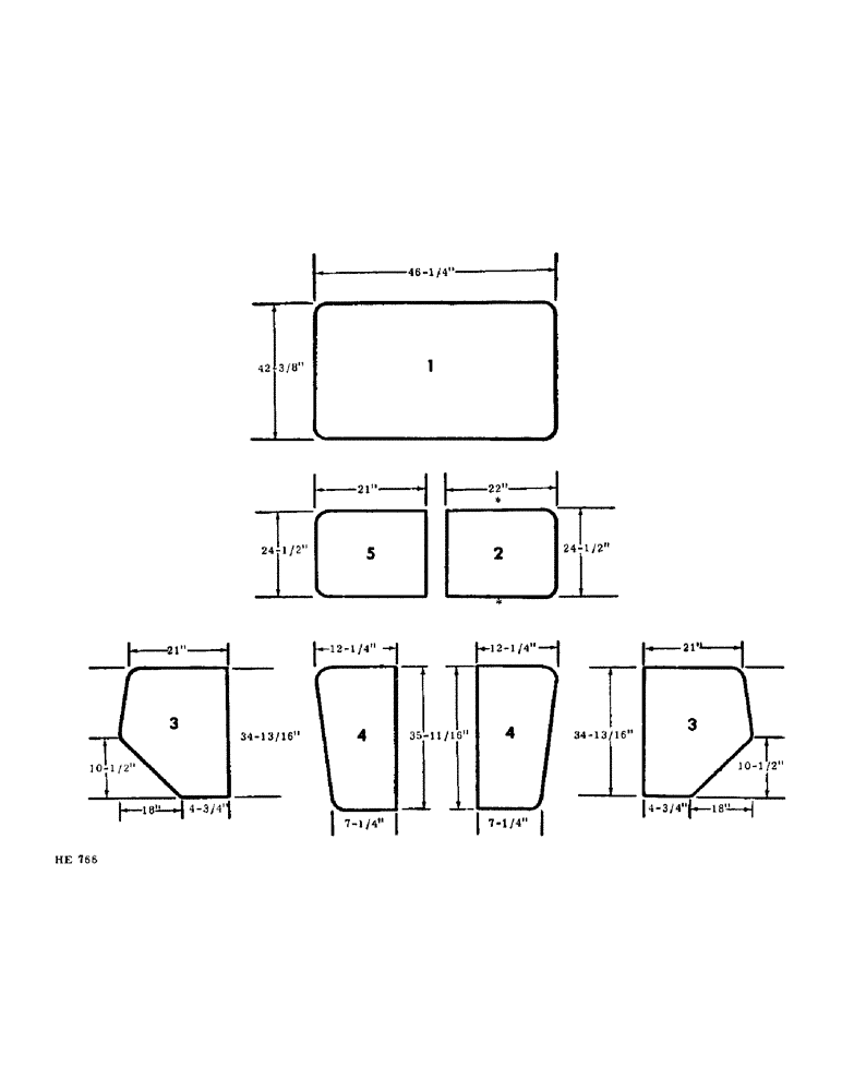 Схема запчастей Case IH 375 - (N-07) - PARTS ACCESSORIES AND ATTACHMENTS, CAB WINDOW GLASS DIMENSION Accessories & Attachments