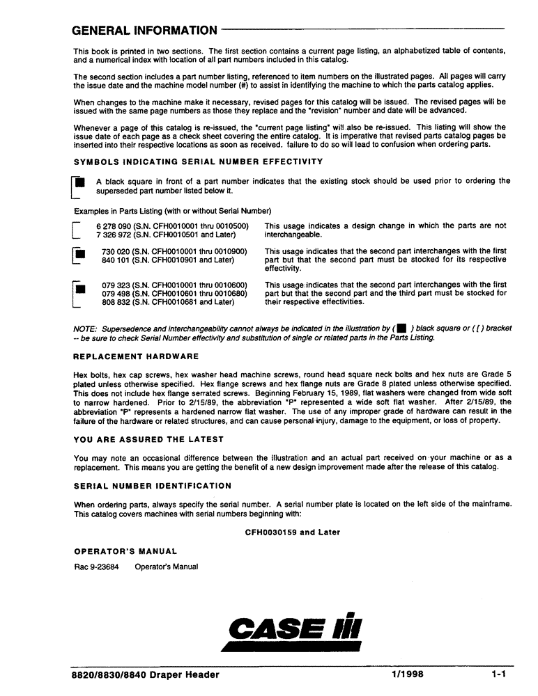 Схема запчастей Case IH 8830 - (1-1) - GENERAL INFORMATION (00) - GENERAL & PICTORIAL INDEX