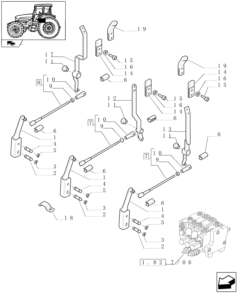 Схема запчастей Case IH FARMALL 105U - (1.96.2/06[01]) - THREE CONTROL VALVES (BOSCH) - LEVERS AND KNOBS - W/CAB (VAR.330358) (10) - OPERATORS PLATFORM/CAB