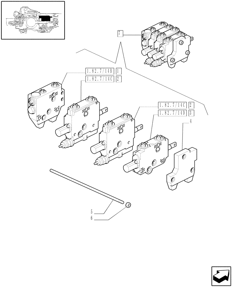 Схема запчастей Case IH JX70U - (1.82.7/14A) - (VAR.419) THREE CONTROL VALVES (BOSCH) - PARTS (07) - HYDRAULIC SYSTEM