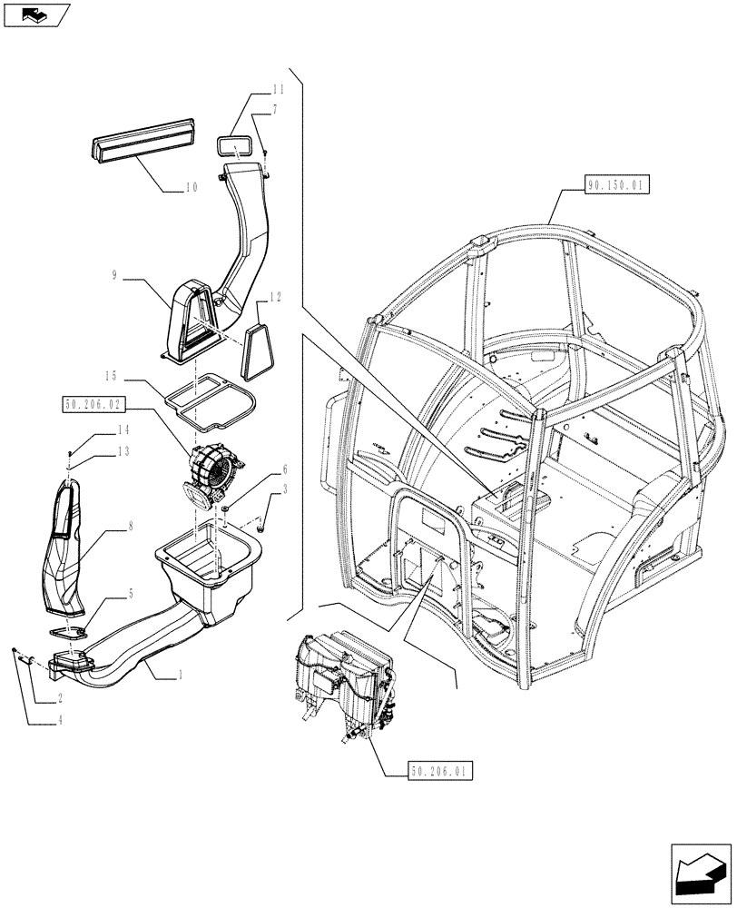 Схема запчастей Case IH FARMALL 75C - (50.200.06[01]) - HEATING SYSTEM - FILTER AND RIGHT AIR DUCTS (50) - CAB CLIMATE CONTROL