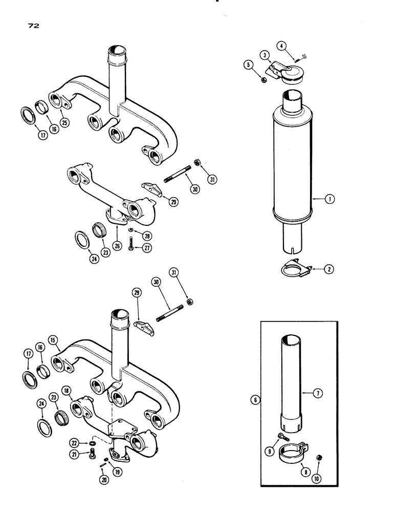 Схема запчастей Case IH 730 SERIES - (072) - MANIFOLD AND MUFFLER, 251 AND 284 SPARK IGNITION ENGINES, 1ST USED TRAC. S/N 8201146 (02) - ENGINE