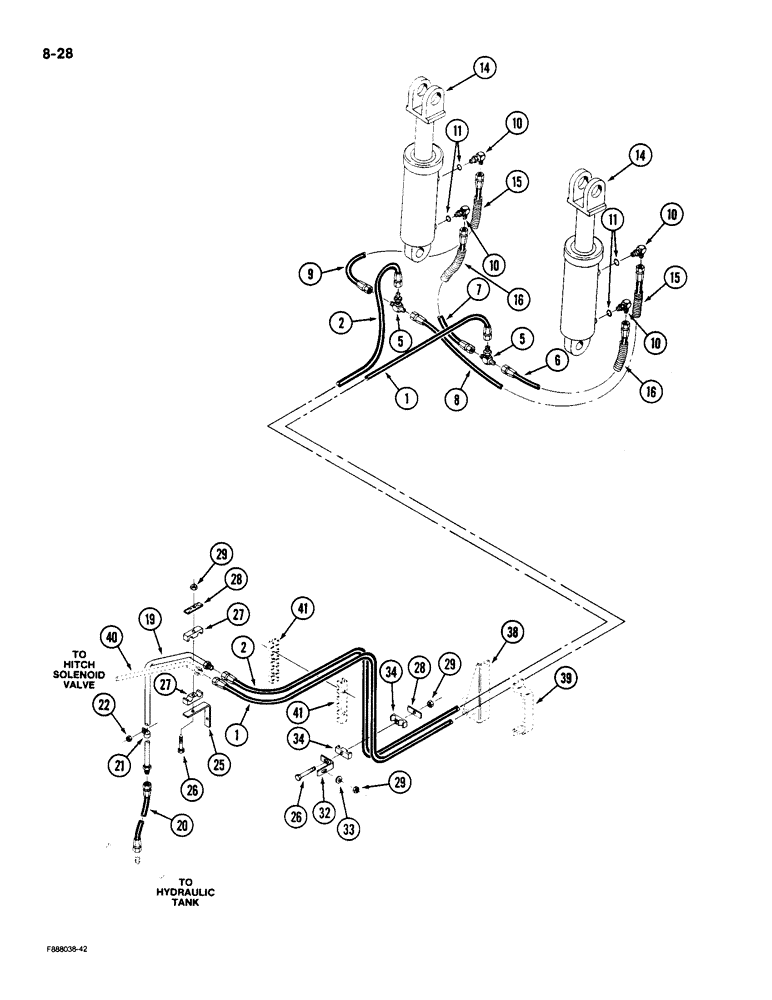 Схема запчастей Case IH 9180 - (8-28) - 3-POINT HITCH HYDRAULICS LIFT CYLINDER AND LINES, P.I.N. JCB0002092 AND AFTER (08) - HYDRAULICS