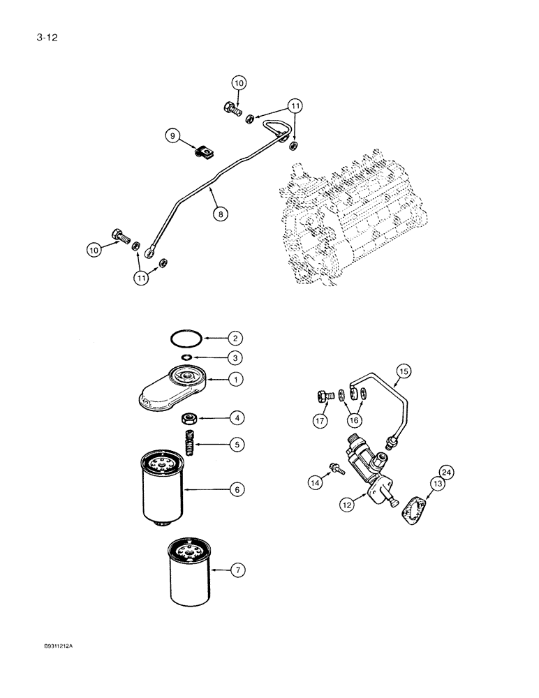 Схема запчастей Case IH 7150 - (3-012) - FUEL FILTER AND TRANSFER PUMP, 6TA-830 ENGINE (03) - FUEL SYSTEM