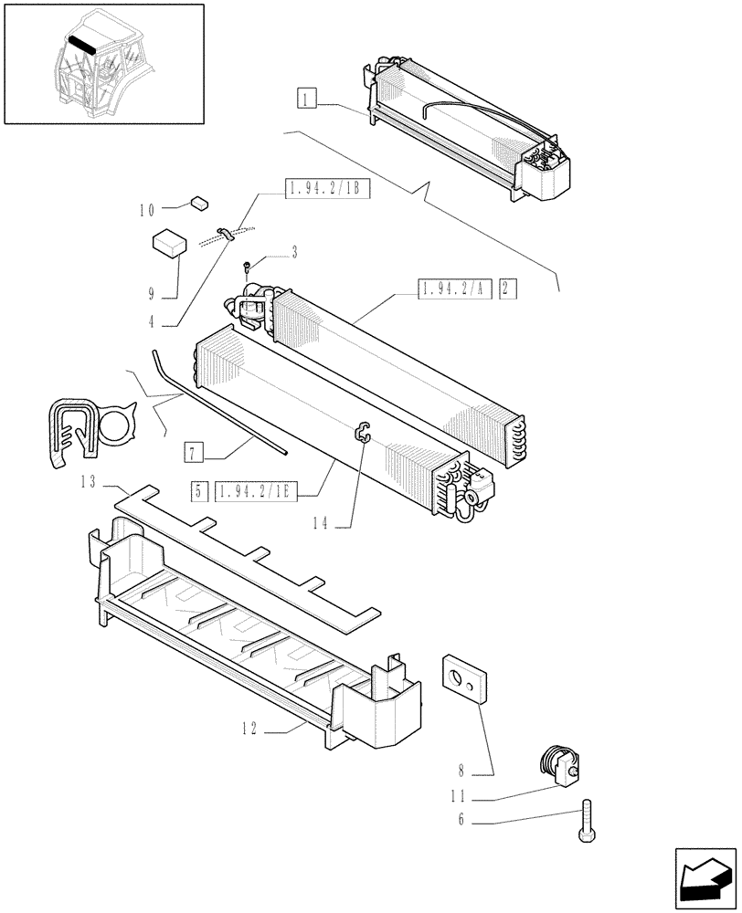 Схема запчастей Case IH JX90U - (1.94.2/01B) - (VAR.641-623) AIR CONDITIONING - RADIATOR CORES AND EVAPORATOR - C4835 (10) - OPERATORS PLATFORM/CAB