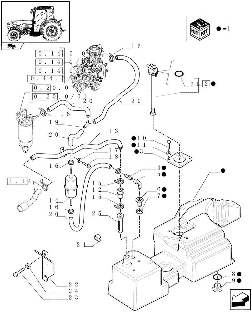 Схема запчастей Case IH FARMALL 75N - (1.14.2/01) - SIDE FUEL TANK AND PIPES - C6808 (02) - ENGINE EQUIPMENT