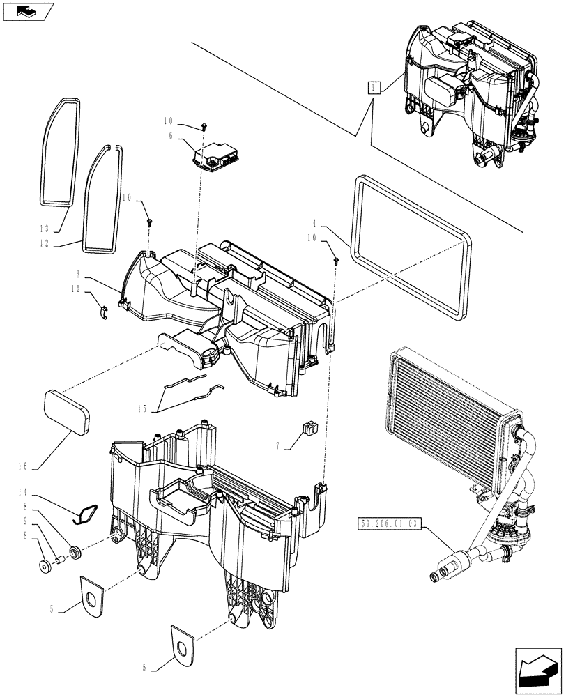 Схема запчастей Case IH FARMALL 75C - (50.206.01[02]) - HEATING SYSTEM - HEATER - BREAKDOWN (50) - CAB CLIMATE CONTROL