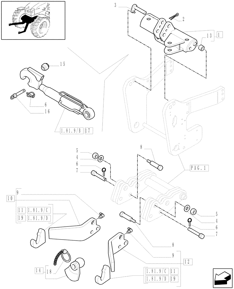 Схема запчастей Case IH MAXXUM 140 - (1.81.9[04]) - NOT INTEGRATED FRONT HPL WITH 6 SPLINES PTO - LIFT ARMS AND ROD - C6335 (VAR.330813) (07) - HYDRAULIC SYSTEM