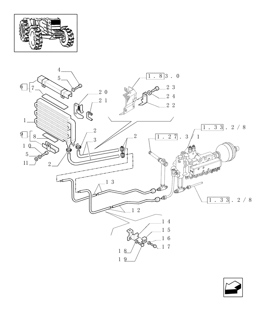 Схема запчастей Case IH JX80U - (1.27.7/01[01]) - (VAR.275-279) POWER SHUTTLE - HI-LO - 30-40 KMH - HYDRAULIC PTO - HEAT EXCHANGER & PIPES (03) - TRANSMISSION