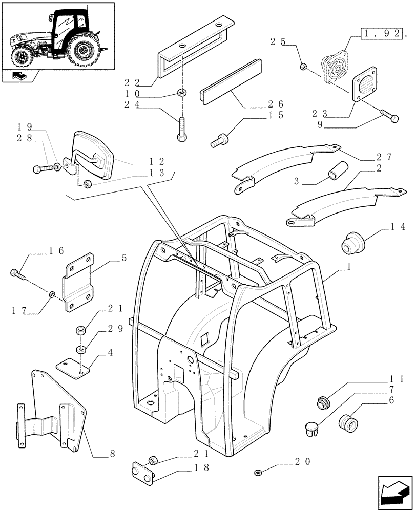 Схема запчастей Case IH FARMALL 95N - (1.92.90[01]) - CAB FRAME, REAR VIEW MIRROR AND RADIO BRACKETS - C7233 (10) - OPERATORS PLATFORM/CAB