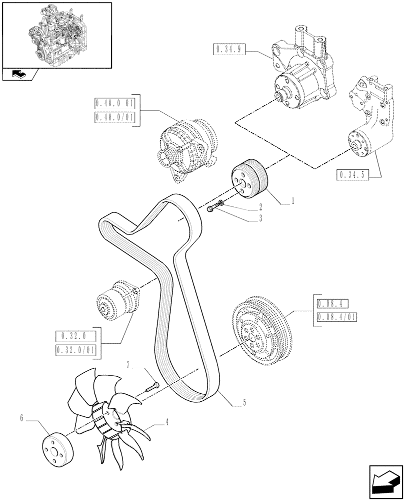 Схема запчастей Case IH FARMALL 95N - (0.34.7/01) - FAN WITH VISCOSTATIC JOINT (VAR.330009 / 743500) (01) - ENGINE