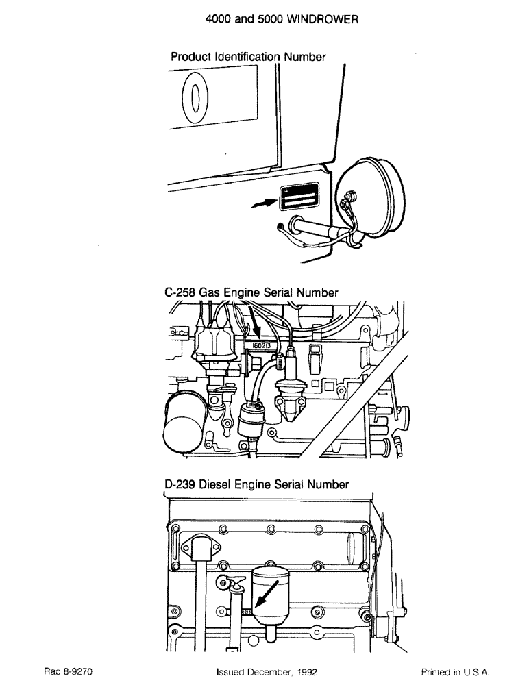 Схема запчастей Case IH 4000 - (1-02) - PRODUCT IDENTIFICATION NUMBER, C-258 GAS ENGINE SERIAL NUMBER D-239 DIESEL ENGINE SERIAL NUMBER (00) - PICTORIAL INDEX