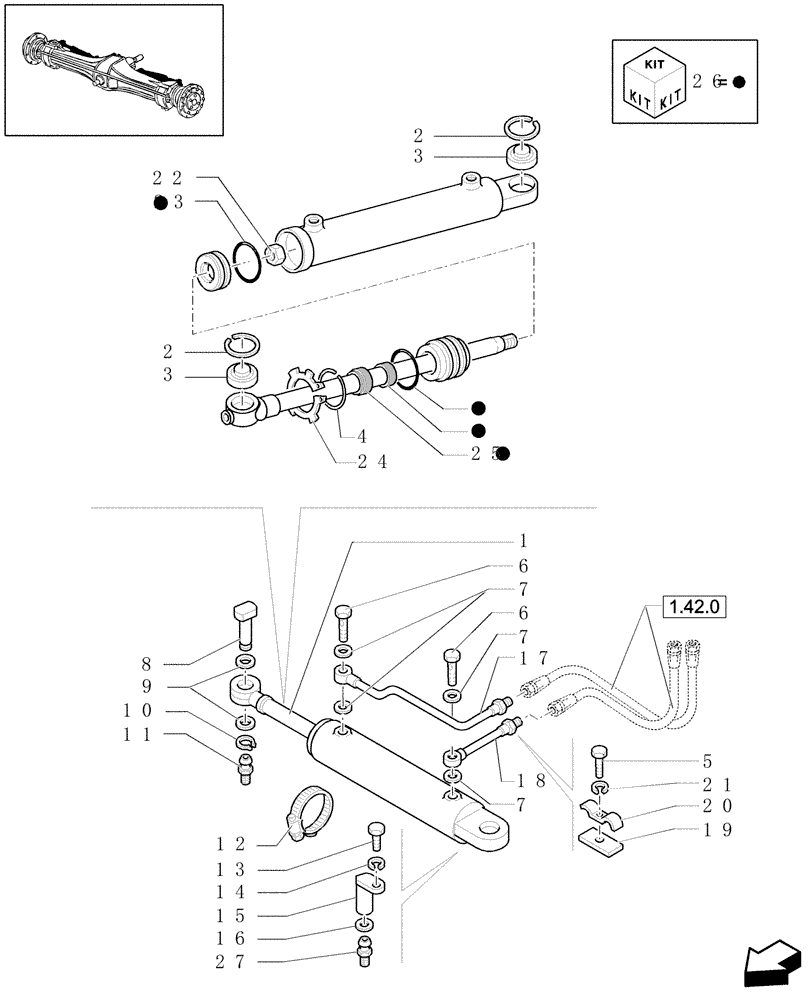 Схема запчастей Case IH JX1070U - (1.40. 0/07[01]) - FRONT AXLE 4WD - CYLINDER:PARTS (04) - FRONT AXLE & STEERING