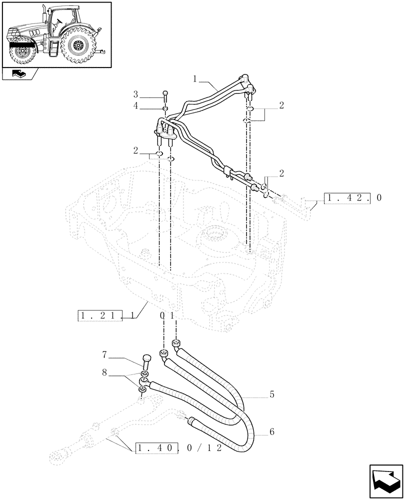 Схема запчастей Case IH MAXXUM 140 - (1.42.0[01]) - STEERING CYLINDER PIPES AND POWER STEERING PIPES (04) - FRONT AXLE & STEERING