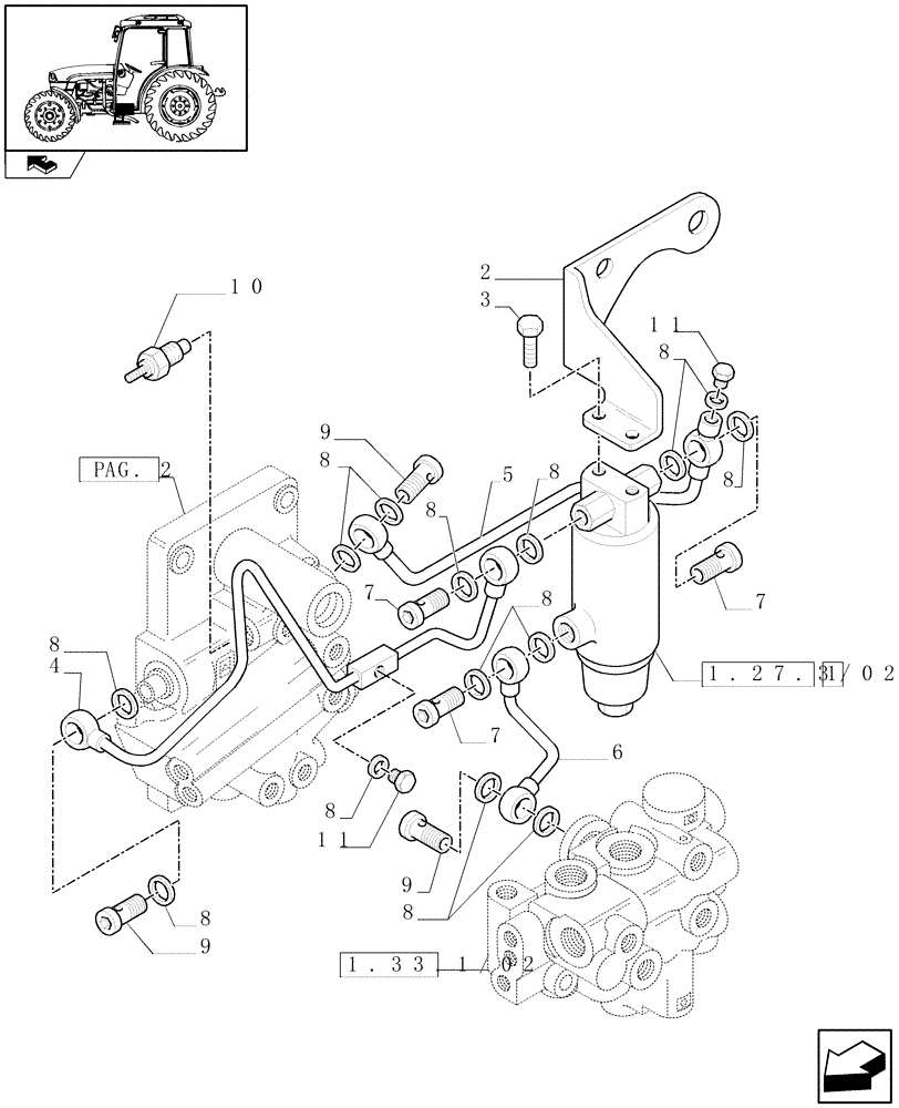 Схема запчастей Case IH FARMALL 85C - (1.27.3/04[03]) - 2WD TRACTION SELECTION WITH 32X16 HYDR. TRANSMISSION - ACCUMULATOR AND PIPES (VAR.336401) (03) - TRANSMISSION