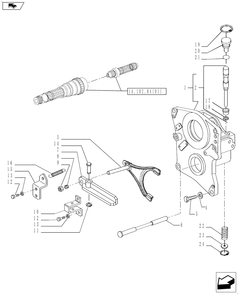 Схема запчастей Case IH MAGNUM 180 - (14.102.04[02]) - PTO 540/1000 RPM, SUPPORT & ENGAGEMENT, WITH POWERSHIFT TRANSMISSION (14) - MAIN GEARBOX & DRIVE