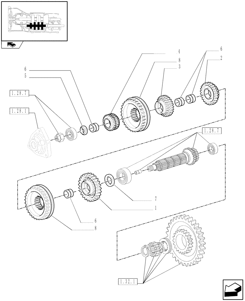 Схема запчастей Case IH FARMALL 105U - (1.28.7/04[02]) - FOR HEAVY DUTY REAR 30KM/H TRANSMISSION - SPEED DRIVEN SHAFT AND GEARS (VAR.337408) (03) - TRANSMISSION