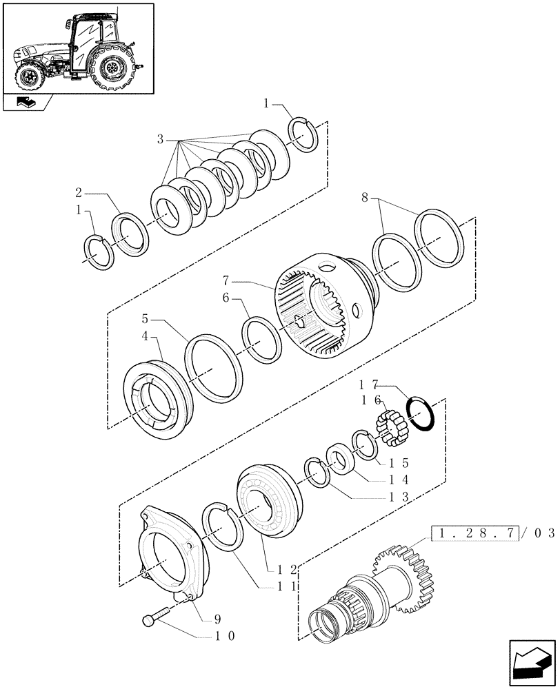 Схема запчастей Case IH FARMALL 95N - (1.28.7/03[04]) - 32X16 HI-LO AND POWER SHUTTLE TRANSMISSION - DRIVE GEAR SHAFT (VAR.330275-331275 / 743510; VAR.330273) (03) - TRANSMISSION