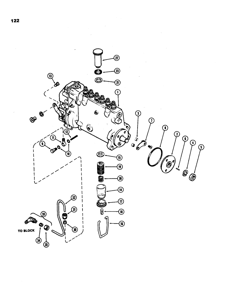 Схема запчастей Case IH 970 - (122) - FUEL INJECTION PUMP, (401B) DIESEL ENGINE, WITH LUBE LINE ON ENGINE SIDE OF PUMP (03) - FUEL SYSTEM