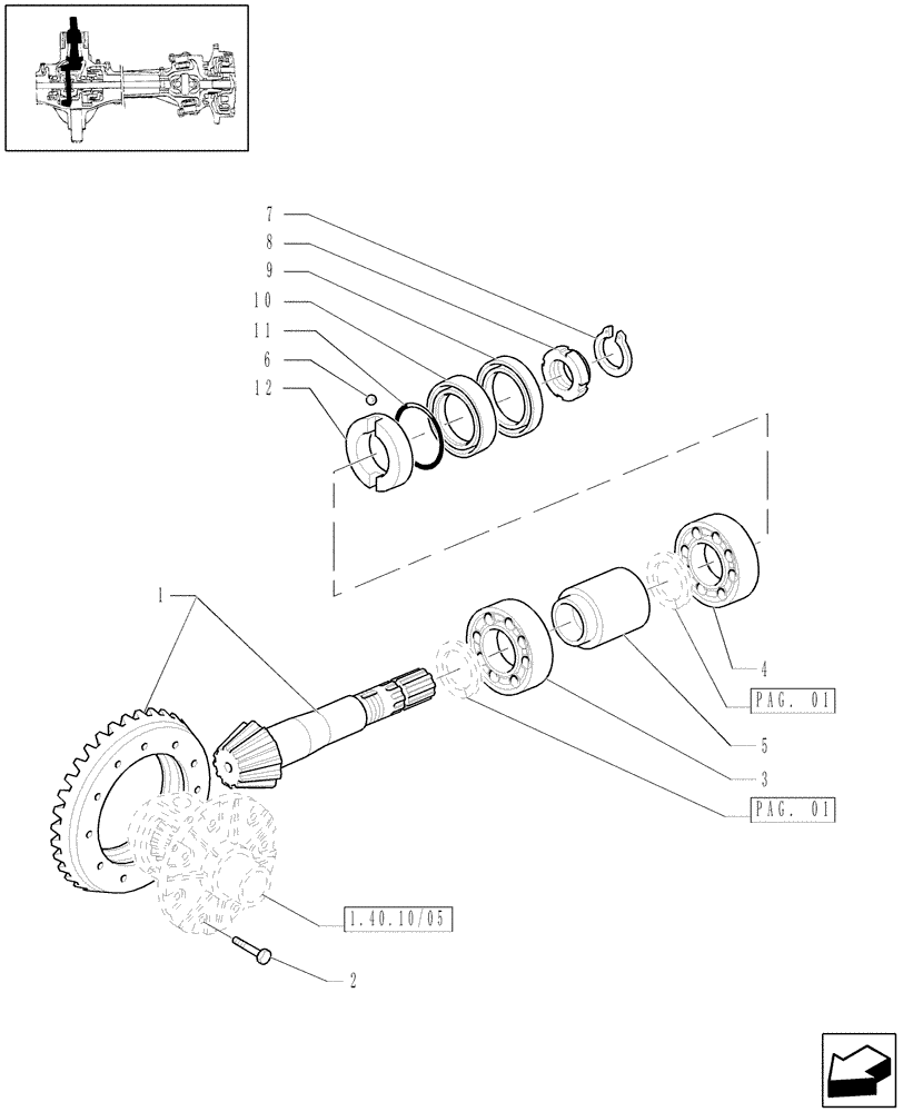 Схема запчастей Case IH JX1070U - (1.40.10/04[01]) - (VAR.500-501) FRONT AXLE CLASS 1 WITH SECOND STEERING CYLINDER AND HYDR. LOCK - BEVEL DRIVE (04) - FRONT AXLE & STEERING