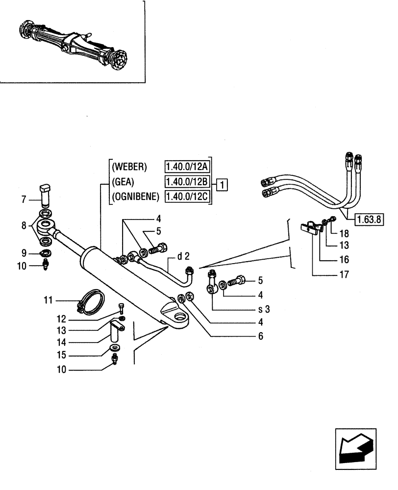 Схема запчастей Case IH JX95 - (1.40.0/12[01]) - FRONT AXLE - POWER STEERING CYLINDER AND PIPES (04) - FRONT AXLE & STEERING