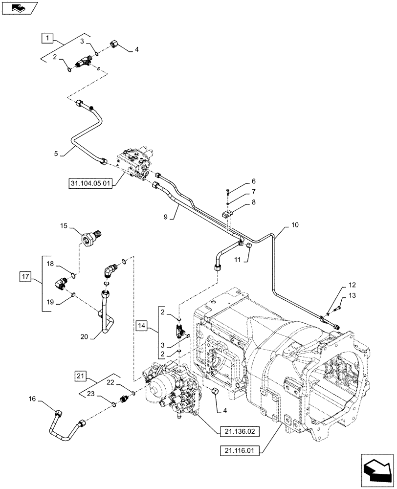 Схема запчастей Case IH PUMA 145 - (21.136.01[01]) - HYDRAULIC LINES - TRANSMISSION CONTROL - C7113 (21) - TRANSMISSION