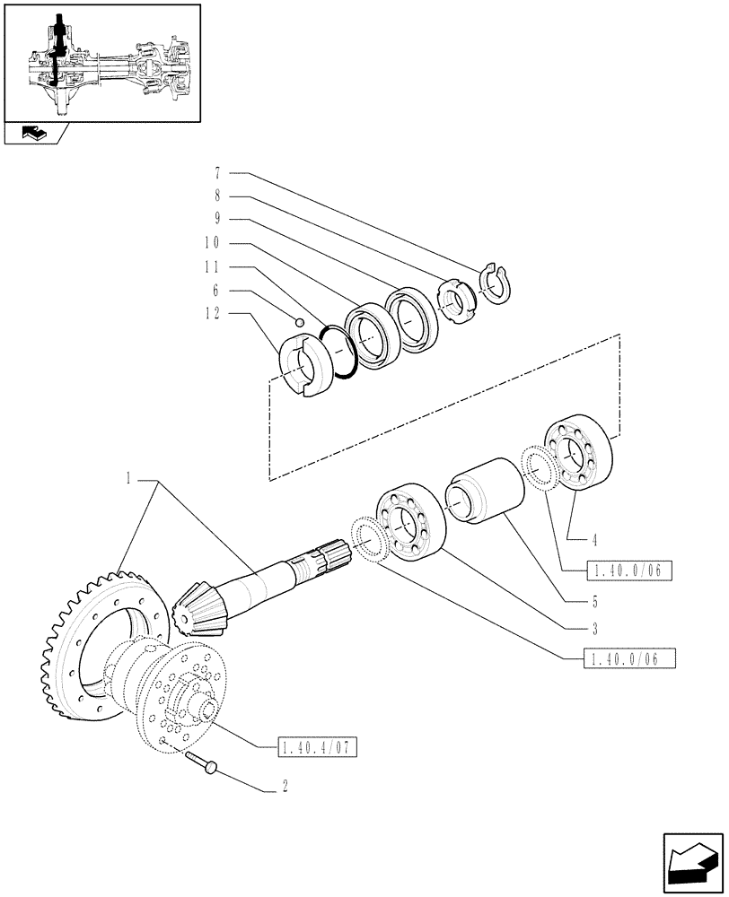 Схема запчастей Case IH FARMALL 90 - (1.40.4/06[01]) - CLASS 2 FRONT AXLE WITH 2ND STEERING CYL.& LIMITED SLIP (30KM ) - BEVEL GEAR PINION SET (VAR.335539-743906) (04) - FRONT AXLE & STEERING