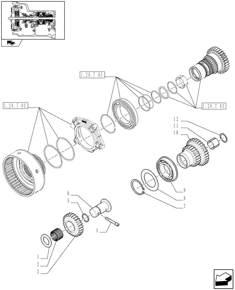 Схема запчастей Case IH FARMALL 80 - (1.28.1/04[01]) - POWER SHUTTLE E SERVO PTO FOR DIFF. LOCK - TRANSMISSION GEARS (VAR.330120-331120) (03) - TRANSMISSION