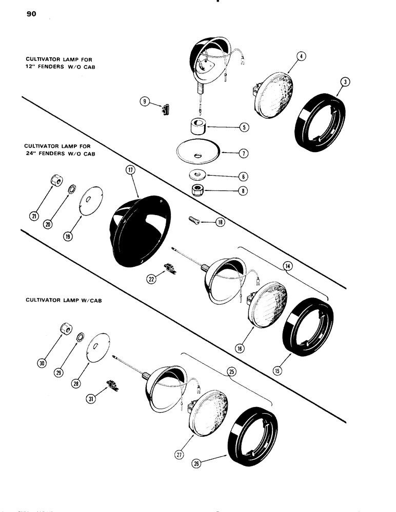 Схема запчастей Case IH 1090 - (090) - LIGHTING EQUIPMENT, CULTIVATING LAMPS, FOR 12 INCH FENDER, WITHOUT CAB (04) - ELECTRICAL SYSTEMS