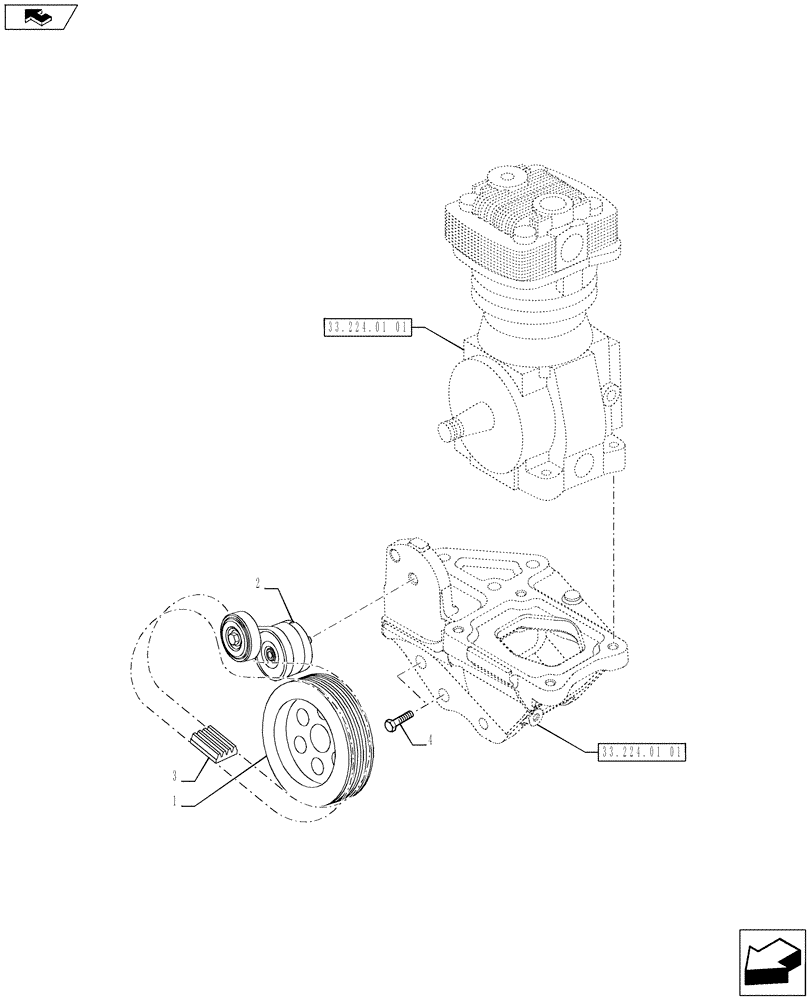 Схема запчастей Case IH PUMA 215 - (33.224.01[02]) - PNEUMATIC TRAILER BRAKE - PULLEYS AND BELT (VAR.729385-743170 / 743623; VAR.743171-728385 / 743624; VAR.743169-720178 / 743625) (33) - BRAKES & CONTROLS