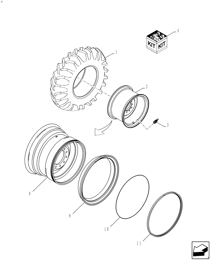 Схема запчастей Case IH 8230 - (44.100.08) - WHEEL, FRONT, 76X50 FLOATATION, 32X44DWM, NA ONLY (44) - WHEELS