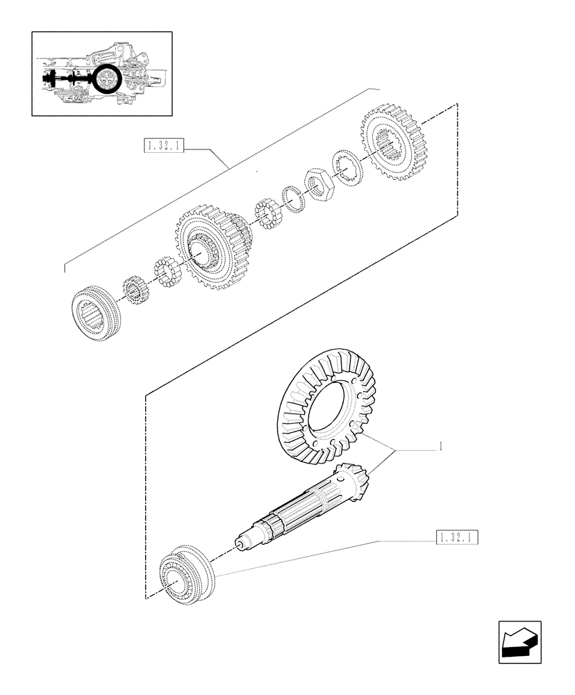 Схема запчастей Case IH JX1085C - (1.32.1/01) - (VAR.838-839) FRONT PTO LIFT - BEVEL GEAR PAIR (03) - TRANSMISSION