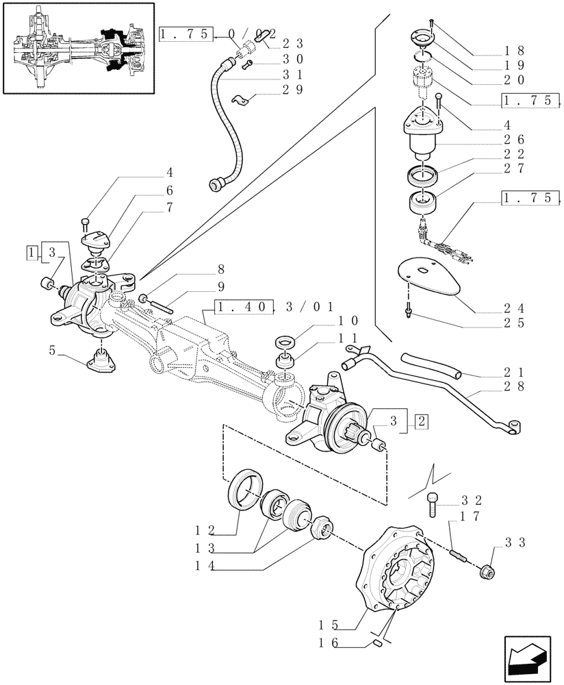 Схема запчастей Case IH MAXXUM 115 - (1.40. 3/02[01A]) - FRONT AXLE W/MULTI-PLATE DIFF. LOCK & STRG SENSOR - STEERING AXLES AND HUBS - D6449 (VAR.330409) (04) - FRONT AXLE & STEERING