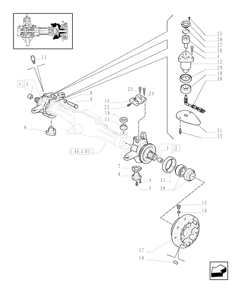 Схема запчастей Case IH MXU110 - (1.40.3/02[01A]) - (VAR.309-359) 4WD FRONT AXLE W/BRAKES W/TERRALOCK - STEERING PIVOT PINS AND HUBS - D5196 (04) - FRONT AXLE & STEERING