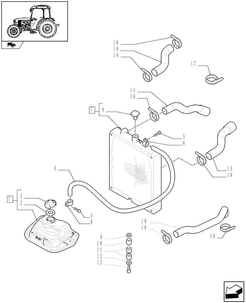 Схема запчастей Case IH FARMALL 85C - (1.17.0[01]) - RADIATOR AND COOLING TANK (02) - ENGINE EQUIPMENT