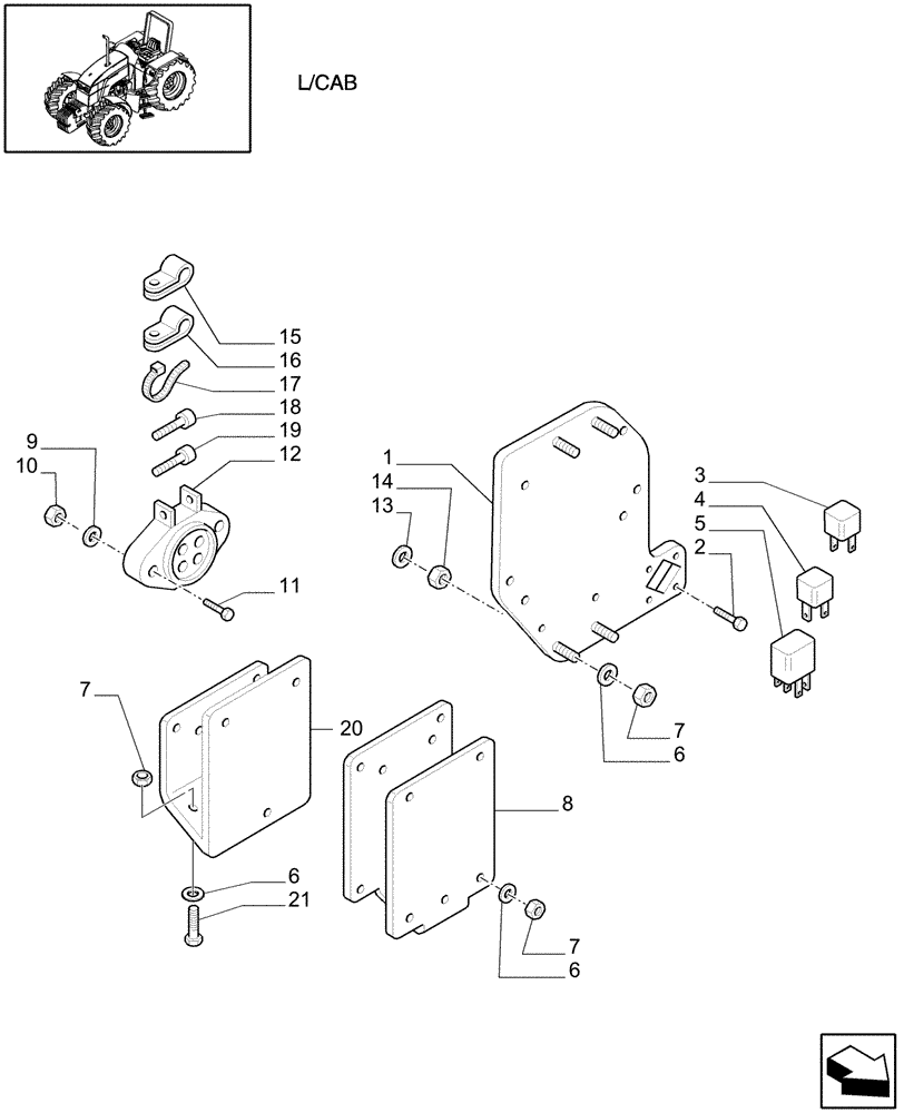 Схема запчастей Case IH MXU110 - (1.75.4[08]) - SUPPORT FOR RELAY BOX, RELAY, POWER SOCKET AND SWITCHES (06) - ELECTRICAL SYSTEMS