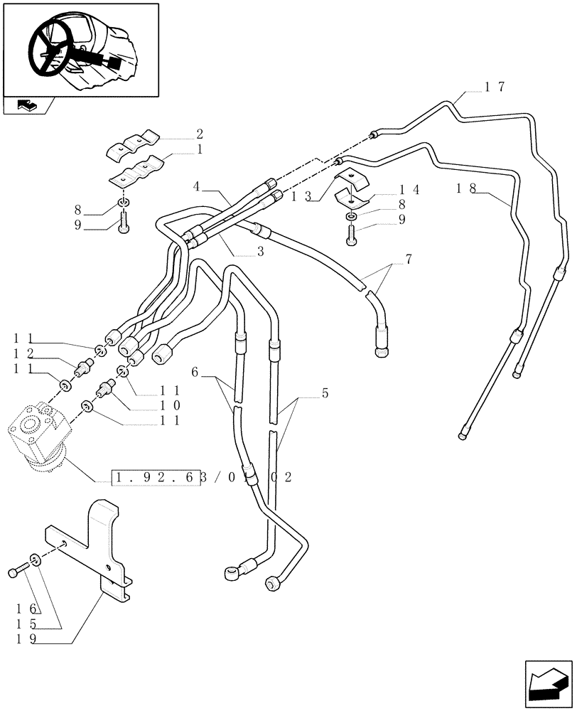 Схема запчастей Case IH FARMALL 95N - (1.92.63/01[03A]) - POWER STEERING PIPES - D6440 (10) - OPERATORS PLATFORM/CAB