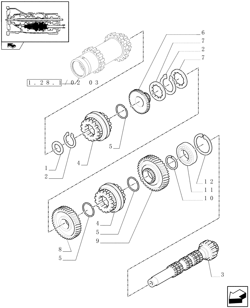 Схема запчастей Case IH FARMALL 95N - (1.28.1/02[04]) - HI-LO GEAR BOX GEARING - GEARS, 1,2,3 SPEEDS (VAR.330275-331275 / 743510; VAR.330273) (03) - TRANSMISSION