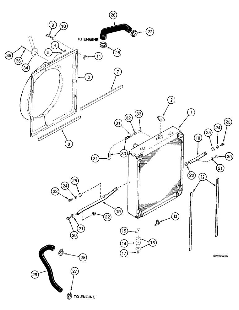 Схема запчастей Case IH 2188 - (2-02) - RADIATOR AND FAN SHROUD, PRIOR TO COMBINE P.I.N. JJC0191483 (01) - ENGINE