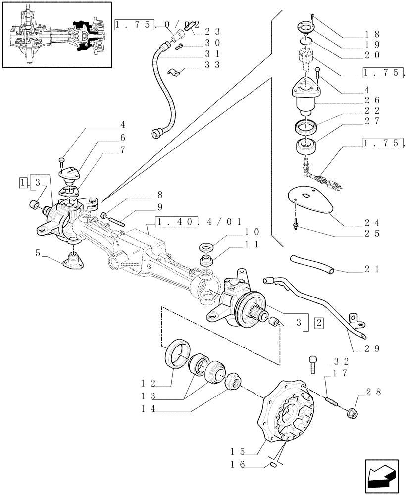 Схема запчастей Case IH MAXXUM 115 - (1.40. 4/02[01A]) - (CL.3) SUSPENDED FRONT AXLE W/MULTI-PLATE DIFF. LOCK AND ST. SENSOR - STEER. AXLES AND HUBS - D6449 (VAR.330414) (04) - FRONT AXLE & STEERING