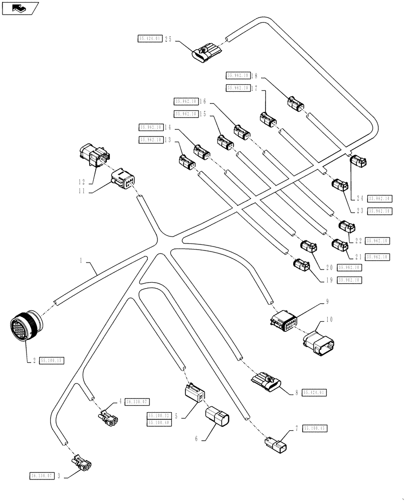 Схема запчастей Case IH 4430 - (55.100.19) - HYDRAULIC CONTROL HARNESS, BOOM CENTER SECTION (55) - ELECTRICAL SYSTEMS