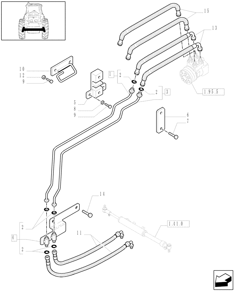 Схема запчастей Case IH MXU125 - (1.42.0[01]) - 2WD - STEERING CYLINDER PIPES AND POWER STEERING PIPES (04) - FRONT AXLE & STEERING